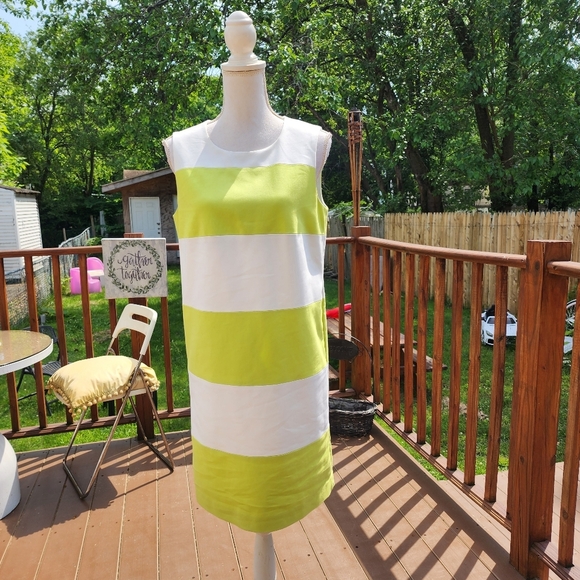 Ann Klein Green and White Color Block Striped Sleeveless Dress Fits M - Picture 3 of 12